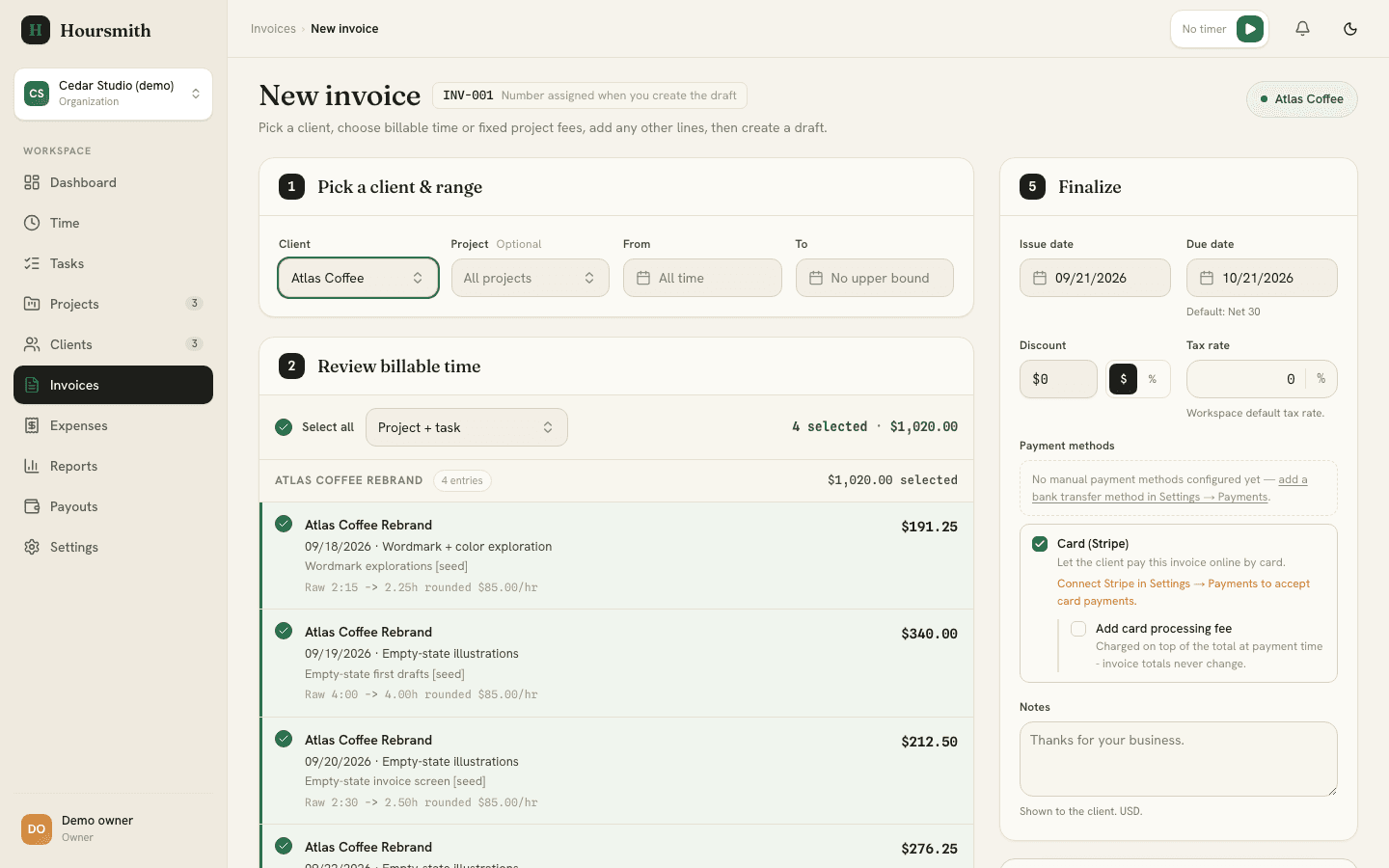 Hoursmith invoice draft with sample client work ready for review