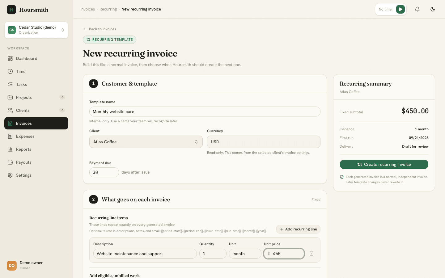 Hoursmith recurring invoice settings with draft generation and a reviewable schedule