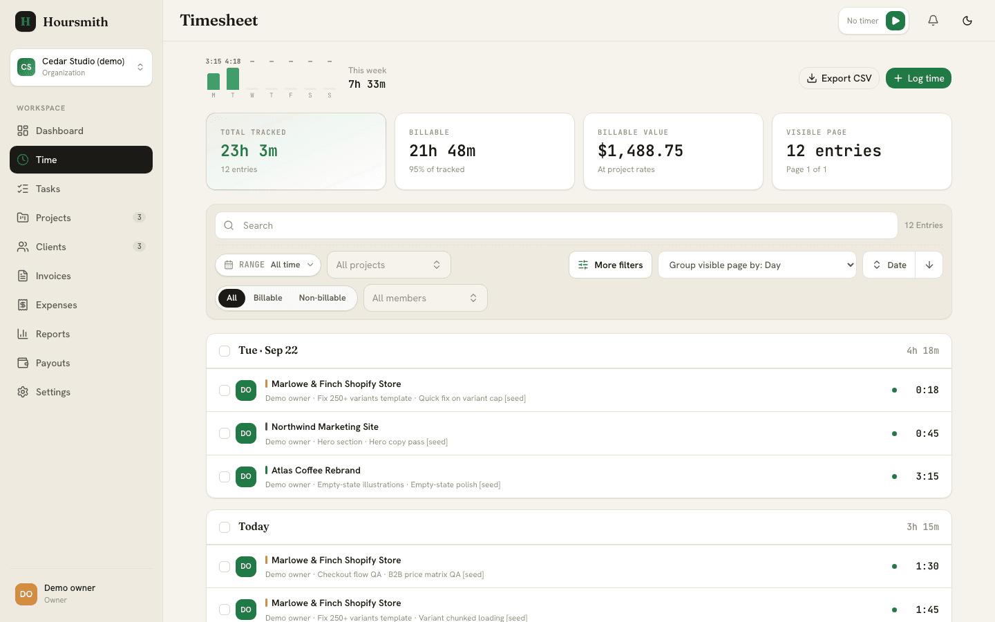 Hoursmith Time page with sample studio project time entries