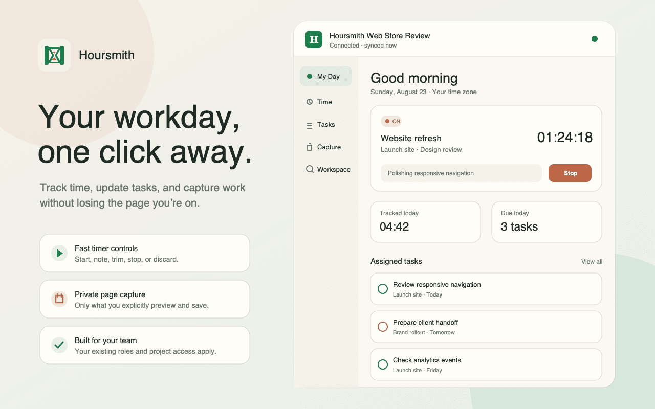 Product illustration of the Hoursmith for Chrome side panel with a running timer, assigned tasks, and navigation for time, capture, and workspace search